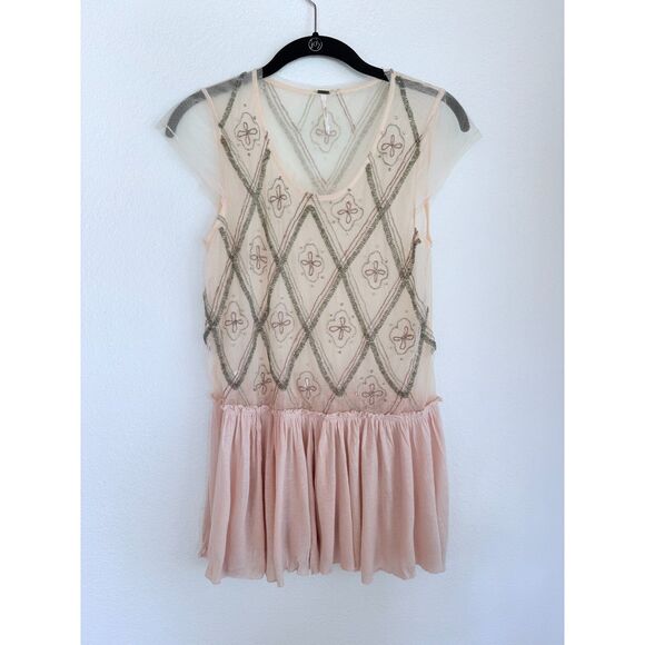 Free People Holiday to India Cap Sleeve Beaded Peplum Semi Sheer Top in Pink S - Picture 4 of 14